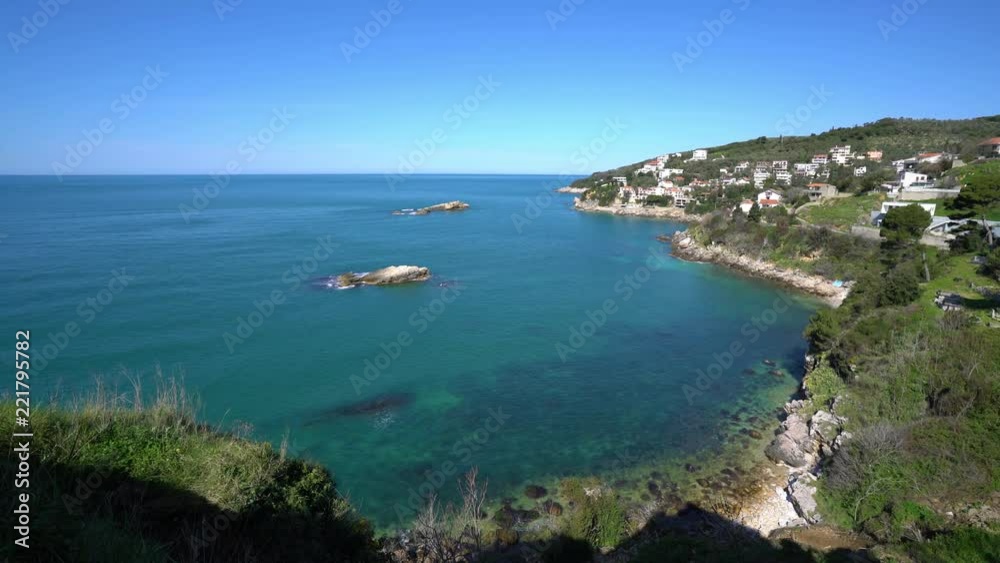 Beautiful coast of Adriatic sea as seen from the viewpoint on the walls of Ulcinj Old town, Montenegro