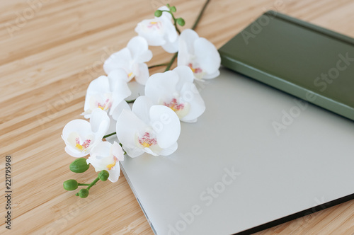 white flowers on wooden table and laptop