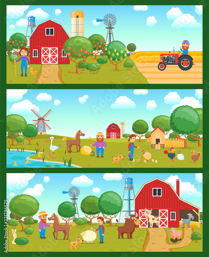 Fototapeta Naklejka Na Ścianę i Meble -  Cartoon banners set on a agricultural theme. Rural scene with people and farm animals. Vector illustration