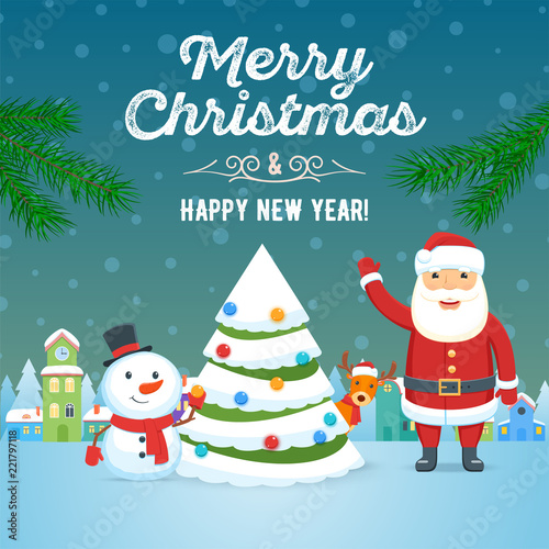 Santa Claus, snowman and christmas tree on town background. Christmas holiday greeting card. Vector illustration © Genestro