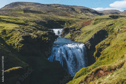 aerial view of Skoga river flowing through highlands in Iceland