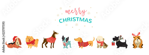 Collection of Christmas dogs, Merry Christmas illustrations of cute pets with accessories like a knited hats, sweaters, scarfs © Marina Zlochin