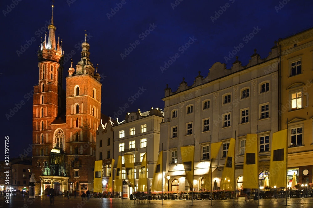 The historic Rynek Glowny square in old town Krakow at night
