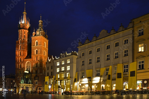 The historic Rynek Glowny square in old town Krakow at night 