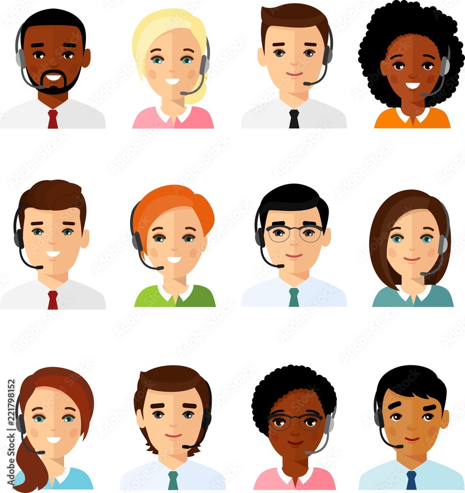 Set of male female helpline operator with headset consulting a client. Call center avatar of online customer support service assistants with headphones. Vector illustration in flat design.