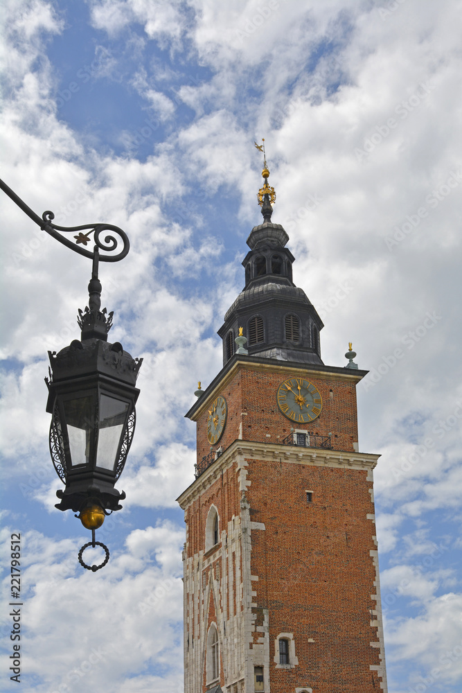 The 13th century Town Hall Tower in the historic Rynek Glowny square in old town Krakow
