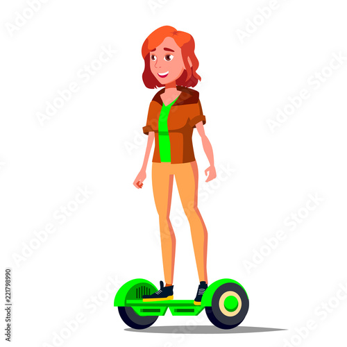 Teen Girl On Hoverboard Vector. Riding On Gyro Scooter. Outdoor Activity. Two-Wheel Electric Self-Balancing Scooter. Isolated Illustration