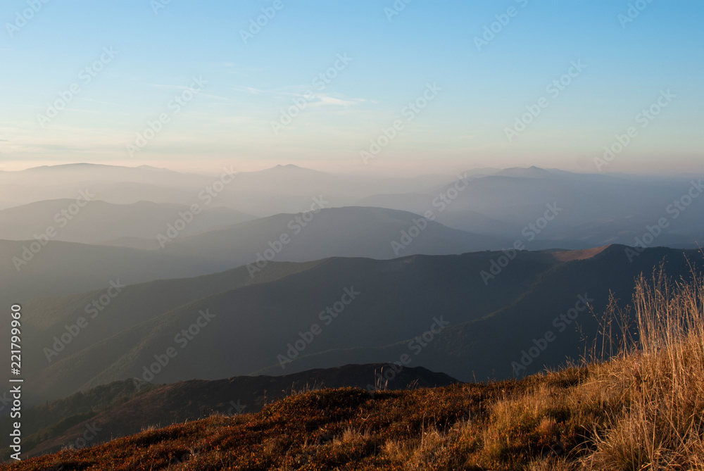 Landscape with mountains. Ukraine, Zakarpattia region, Rakhiv district, Carpathians, Chornohora, mountain Hoverla.