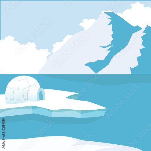 Arctic iceberg and mountains with Igloo Icehouse