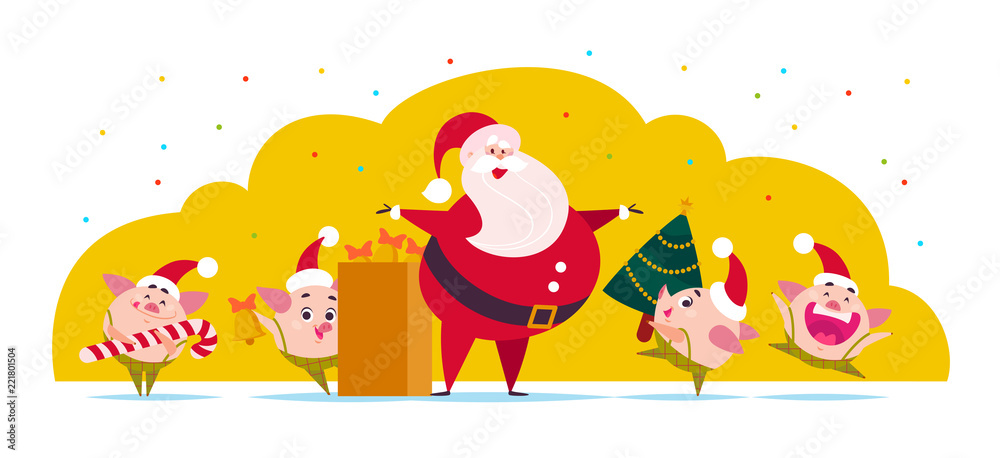 Naklejka premium Vector flat Merry Christmas illustration: Santa Claus, cute pig elf with decorated New year fir tree, bells, candy lollipop isolated on white background. Xmas holiday congratulation. Web banner, card.