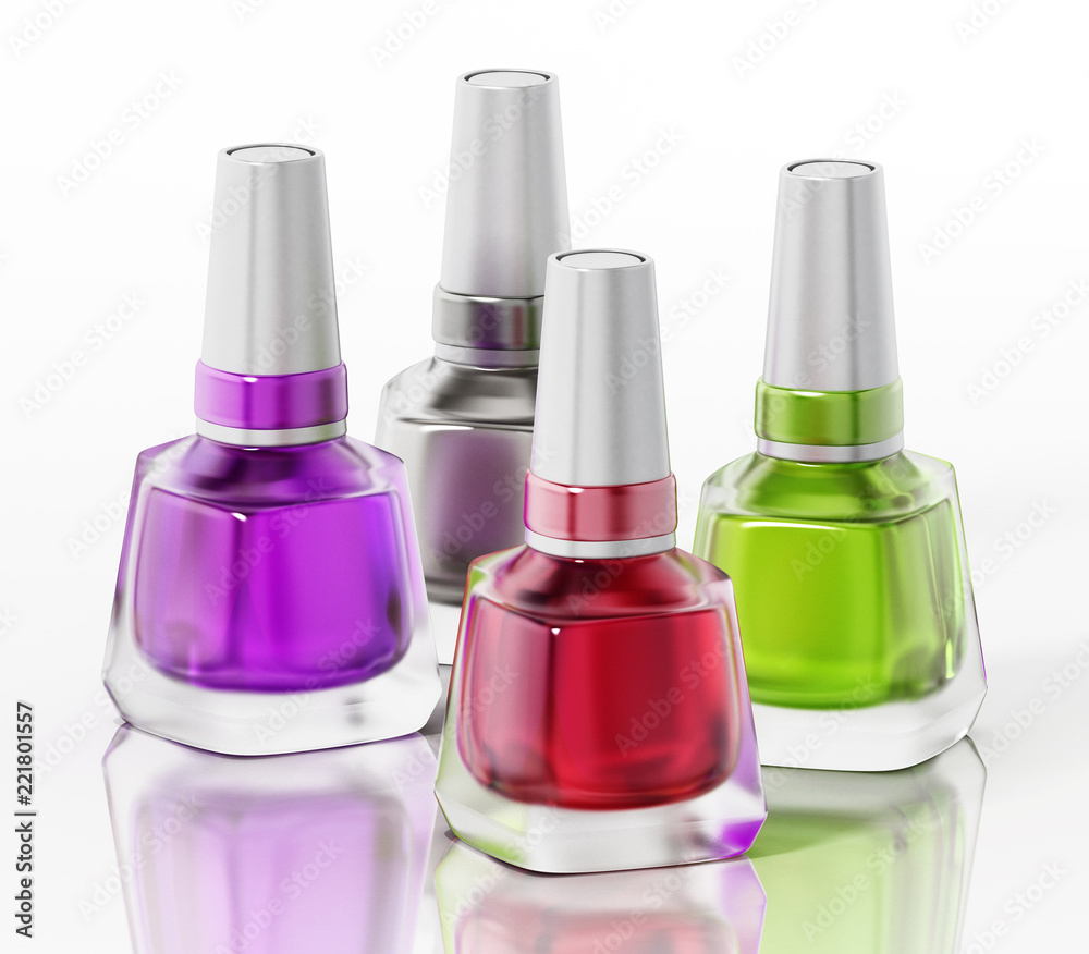 Four bottles of nail polish isolated on white background. 3D illustration Four bottles of nail polish isolated on white background. 3D illustration
