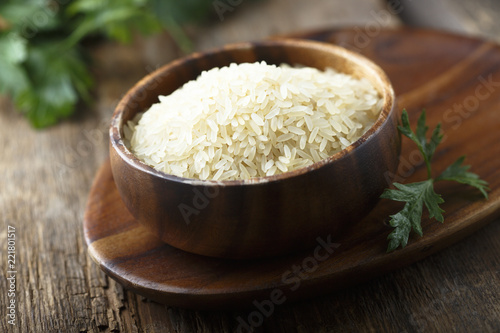White rice in the wooden bowl