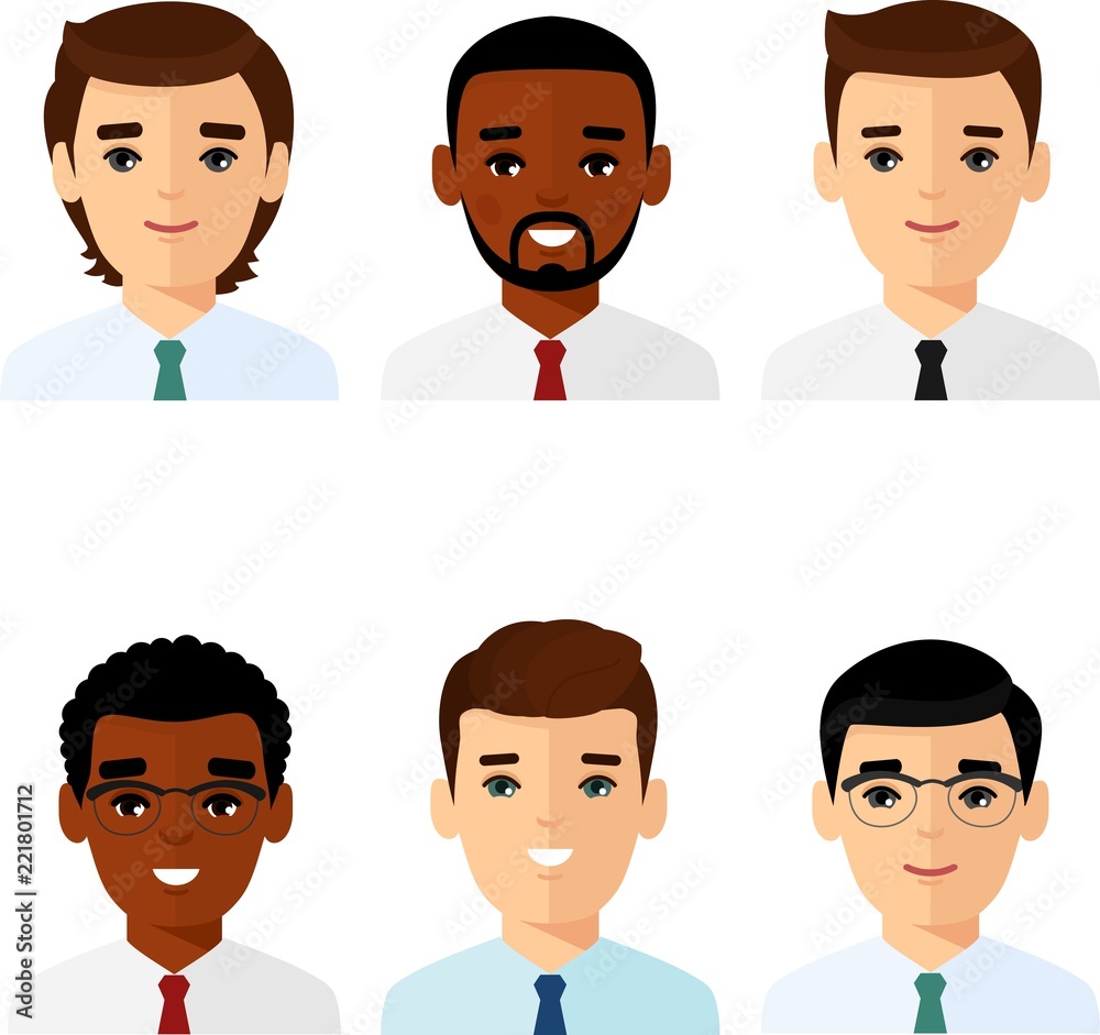 Set of business avatar african american, european peoples in flat colorful style. Collection of various emotion expression avatar man happy, angry, sad, funny. Set of business avatar african american, european peoples in flat colorful style. Collection of various emotion expression avatar man happy, angry, sad, funny.
