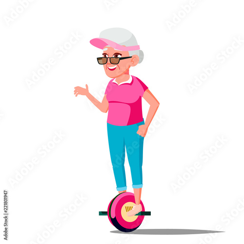 Old Woman On Hoverboard Vector. Riding On Gyro Scooter. One-Wheel Electric Self-Balancing Scooter. Positive Person. Isolated Illustration