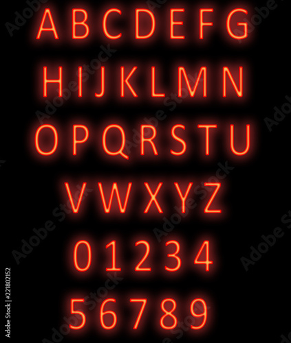red neon alphabet on black. modern neon font alphabet and number. red color letter and numbers. font neon symbol.