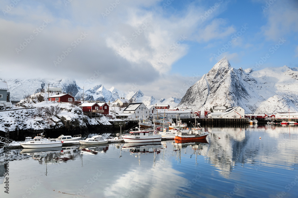 Boats in the harbour at Hamnoy on the Lofoten Islands, Norway