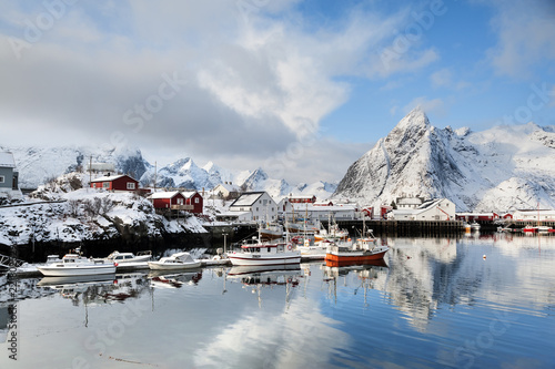 Boats in the harbour at Hamnoy on the Lofoten Islands, Norway photo