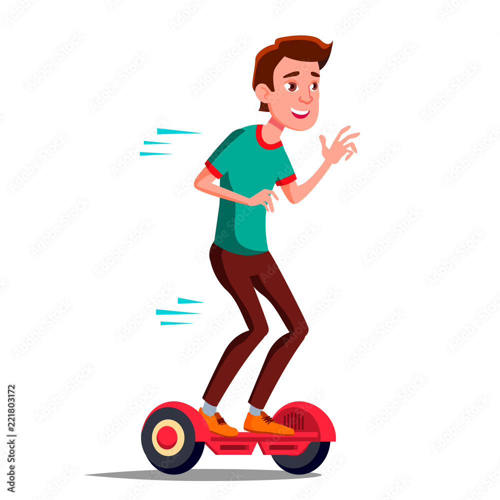 Teen Boy On Hoverboard Vector. Riding On Gyro Scooter. Outdoor Activity. Two-Wheel Electric Self-Balancing Scooter. Isolated Illustration Teen Boy On Hoverboard Vector. Riding On Gyro Scooter. Outdoor Activity. Two-Wheel Electric Self-Balancing Scooter. Isolated Illustration