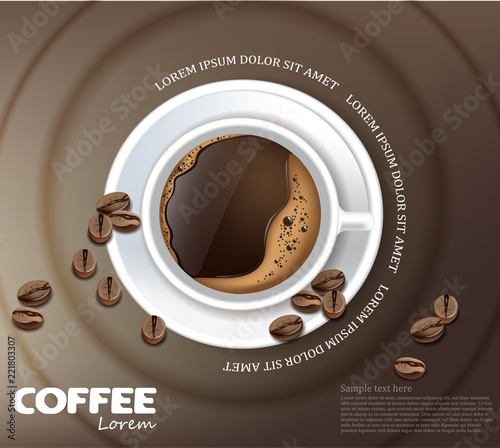 Coffee cup card Vector realistic. Product placement mock up. Dark beans, coffee background. top view 3d illustrations