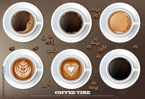 Coffee cup set collection Vector realistic. Product placement mock up. Dark beans, coffee background. top view 3d illustrations