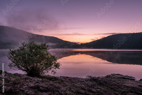 French landscape - Jura. View over the lake of Narlay in the Jura mountains (France) at sunrise with tree in the foreground.