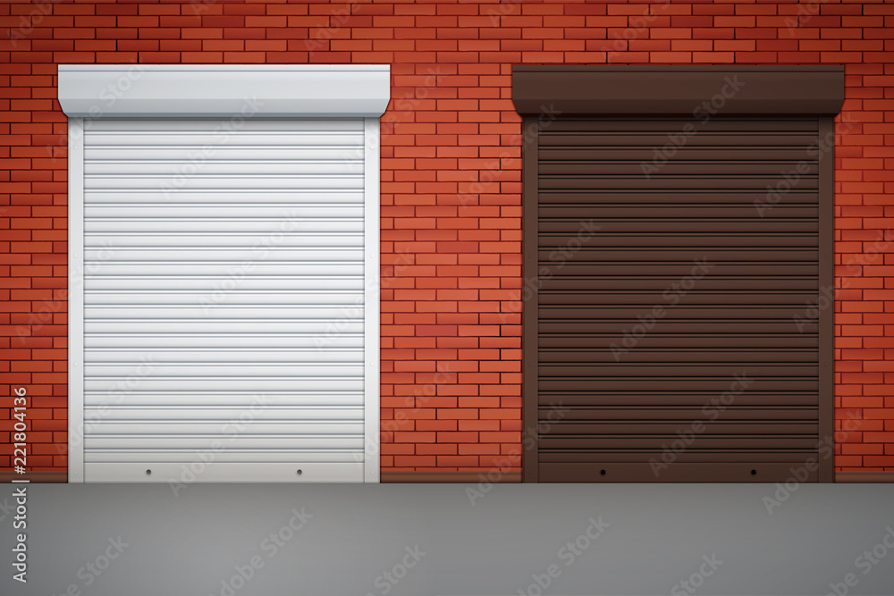 Set Of Closed Roller Shutters Gate On Red Brick Wall. Protect System  Equipment. White And Brown Color. Vector Illustration Stock Vector | Adobe  Stock