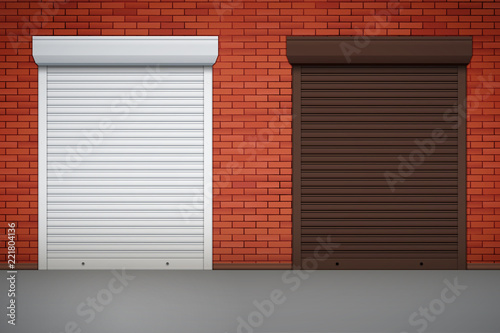 Set of Closed Roller Shutters Gate on red brick wall. Protect System Equipment. White and Brown color. Vector Illustration