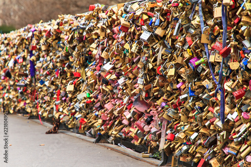 Close up of the padlocks on the Pont de l'Archeveche (Archbishop's Bridge) in Paris