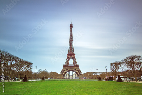 Beautiful tranquil long exposure view of the Eiffel tower in Paris, France