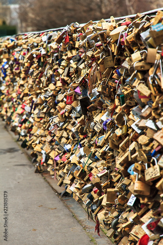 Close up of the padlocks on the Pont de l'Archeveche (Archbishop's Bridge) in Paris