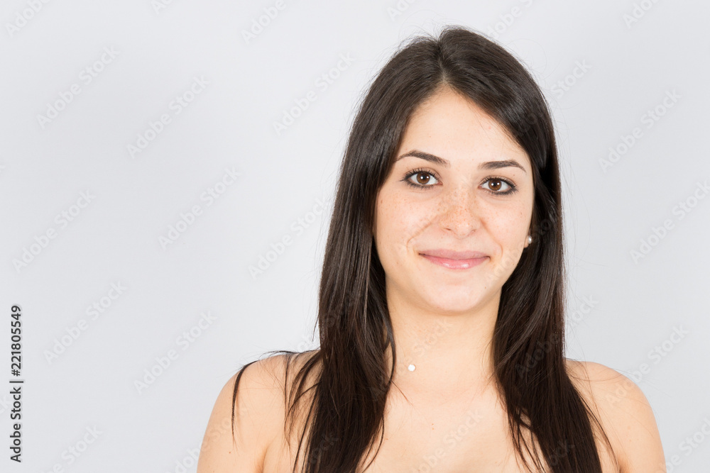 beauty young charming smiling woman close-up on a white background beauty young charming smiling woman close-up on a white background