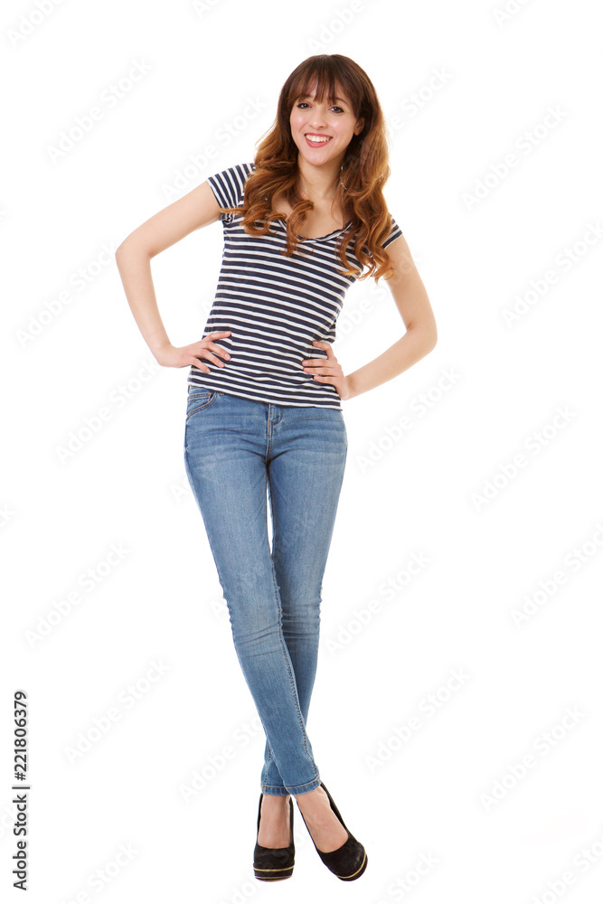 Full body happy young woman posing against isolated white background Full body happy young woman posing against isolated white background