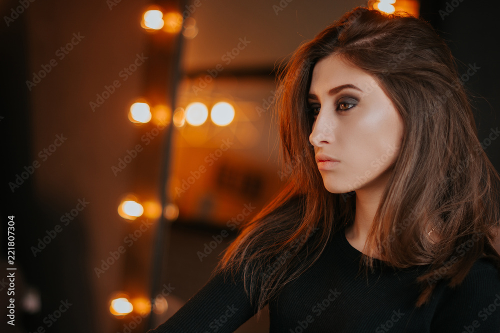 Fototapeta premium Pretty Girl. Brunette. Makeup. Studio.Light. Flashlights.