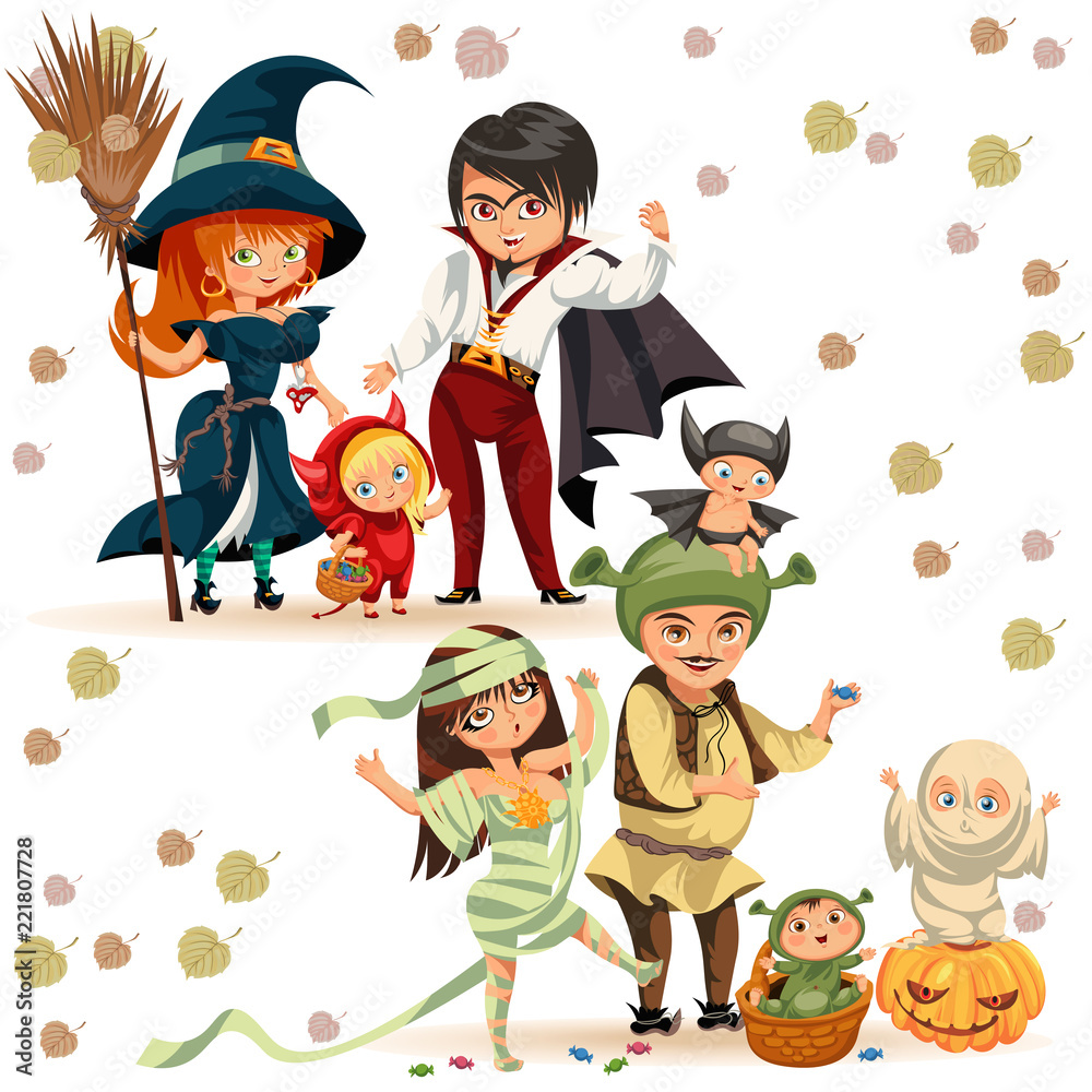 Happy family in Halloween costumes poster vector illustration. Cartoon funny  children and parents in various dresses celebrating together All Saints  Eve. Horror party concept. Isolated on white. Stock Vector | Adobe Stock