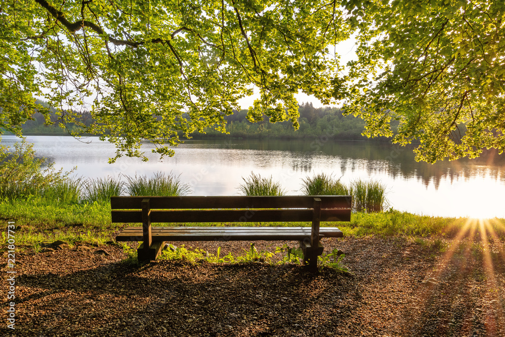 French landscape - Jura. Trees and park bench on the shore of the lake Bonlieu in the Jura mountains (France) at sunset. French landscape - Jura. Trees and park bench on the shore of the lake Bonlieu in the Jura mountains (France) at sunset.