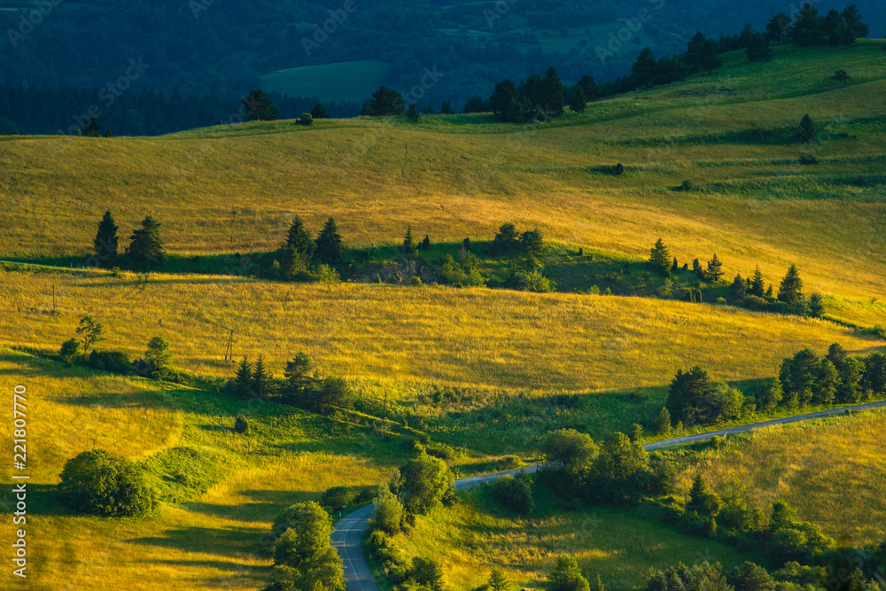 meadow in Slovak mountains at sunset