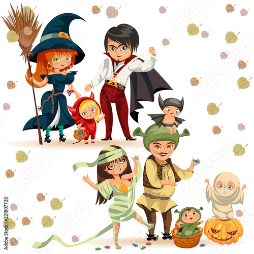 Happy family in Halloween costumes poster vector illustration. Cartoon funny children and parents in various dresses celebrating together All Saints Eve. Horror party concept. Isolated on white.