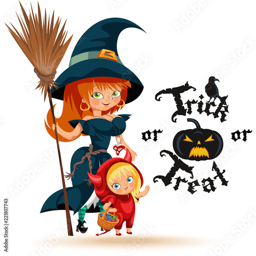 All Hallows Eve family party flat poster vector illustration. Cartoon smiling parents with daughter dressed in nice Halloween costumes of witch dracula and devil. Isolated on white.