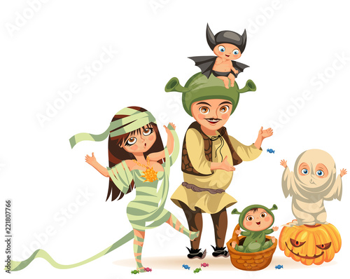 Cartoon family celebrating Halloween flat poster vector illustration. Happy parents and children dressed in various All Hallows Eve costumes. Horror party concept. Isolated on white.