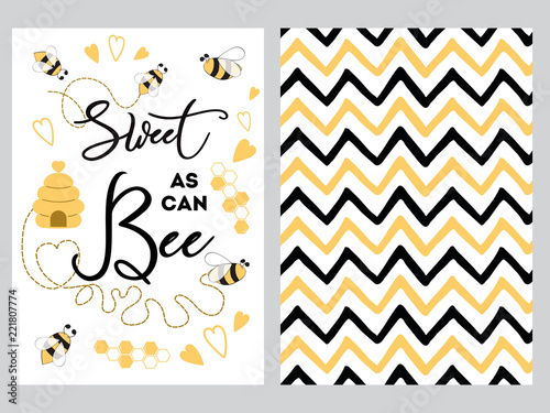 NewBorn banner design text Sweet as can Bee decorated bee heart honey sweet Zig Zag yellow black background set