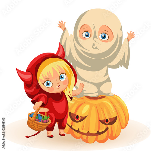 Joyful kids in Halloween dresses flat poster