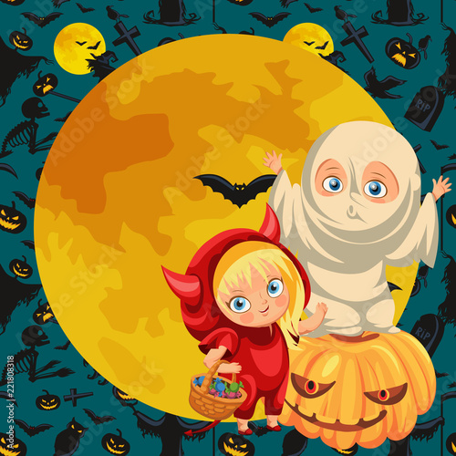 Joyful kids in Halloween dresses flat poster