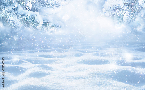 Winter Christmas scenic background with copy space. Snow landscape with spruce branches covered with snow close-up, snowdrifts and falling snow on nature outdoors, copy space, toned blue.