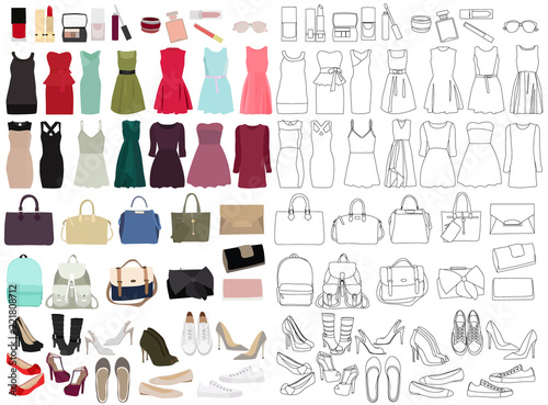  women, fashion clothes, set, sketches and silhouettes
