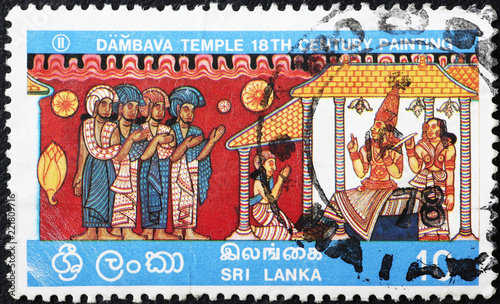 Old painting of temple in Sri Lanka on stamp