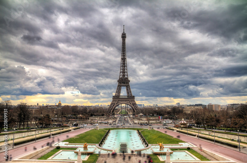 Beautiful cityscape of the Eiffel tower on a cloudy winter day in Paris