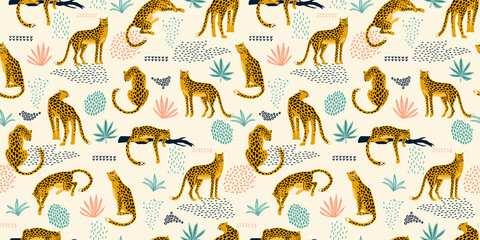 Keuken achterwand Afrikaanse dieren patronen Luipaarden met tropische bladeren patroon  © Nadia Grapes