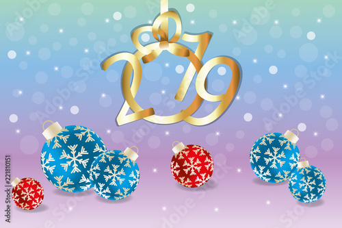 3D illustration of baubles and 2019 for Christmas