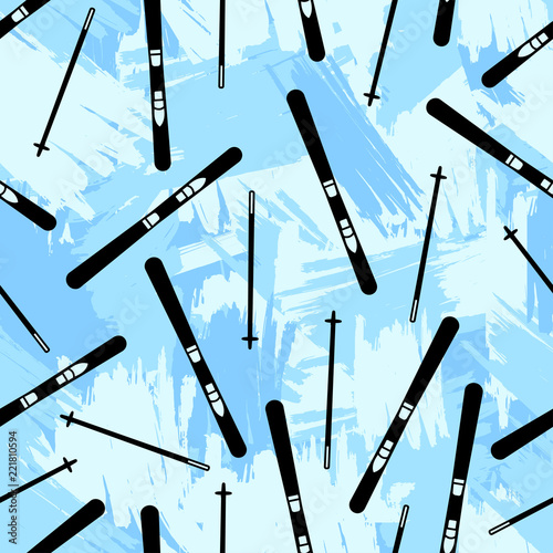 Seamless pattern with black skis on the blue brush strokes background.