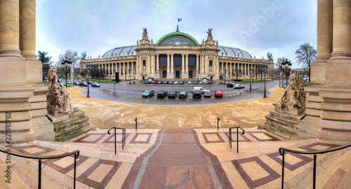 Photography 180 degree panoramic view of the Grand Palais in Paris, seen from the Petit Pala